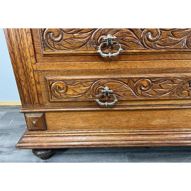 Wood Antique French Style Carved Oak Chest of Drawers with Marble Top For Sale - Image 7 of 18
