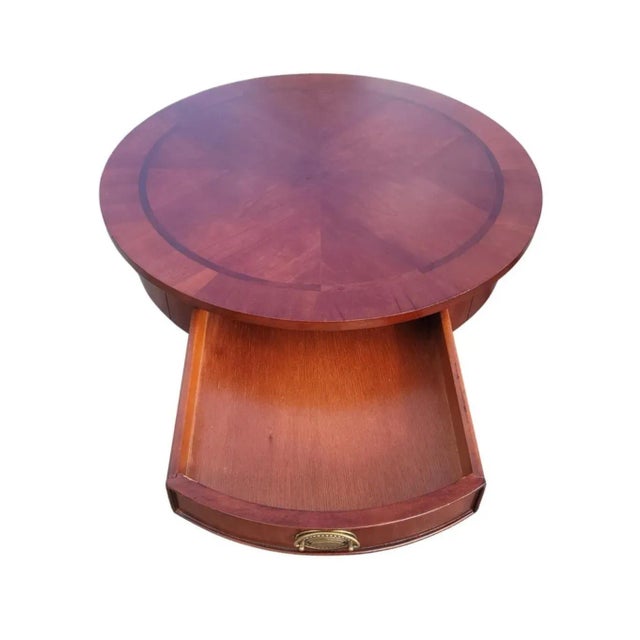 Late 20th Century Georgian Banded Inlaid Cherry Drum Side Tables, a Pair For Sale - Image 4 of 10