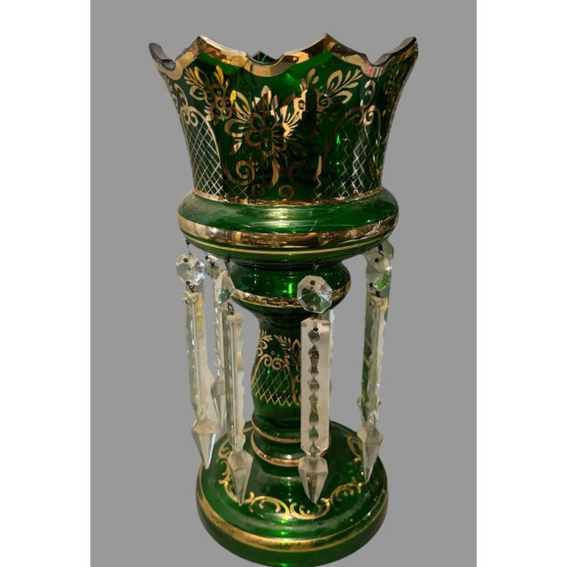 Pair of Antique Victorian Emerald Green Art Glass Mantle Lusters With Prisms For Sale - Image 6 of 12