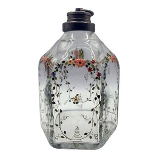 Hand-Painted Glass Flask With Floral Enamel Decoration, 18th Century For Sale