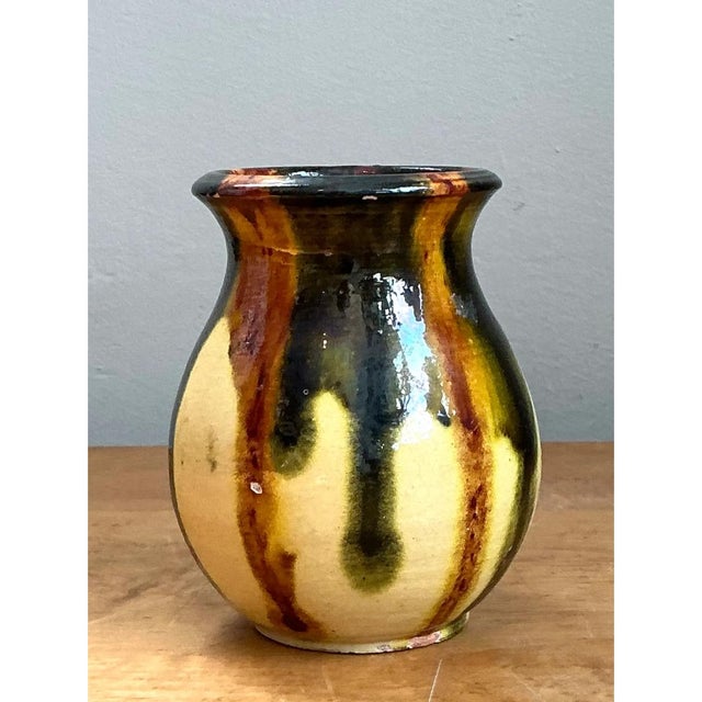 Tan Vintage Drip Glaze Ceramic Vase For Sale - Image 8 of 12