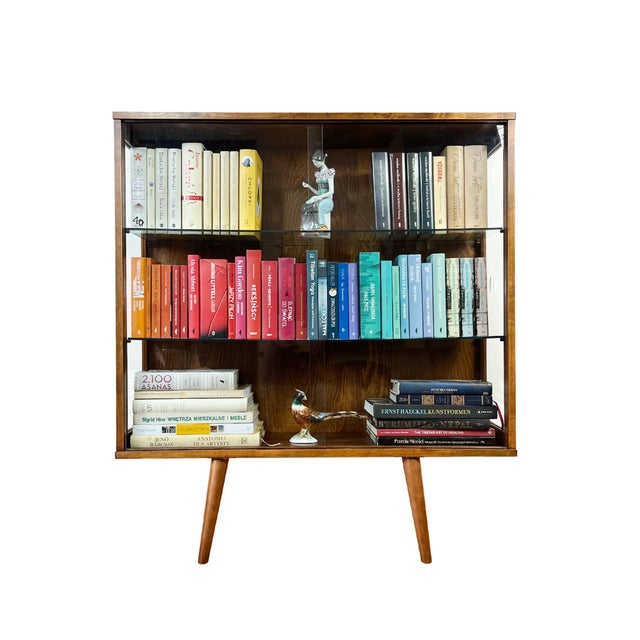 Czech bookcase from 1973 Completely renovated: all old layers removed, walnut veneer coated with hardwax oil with a...