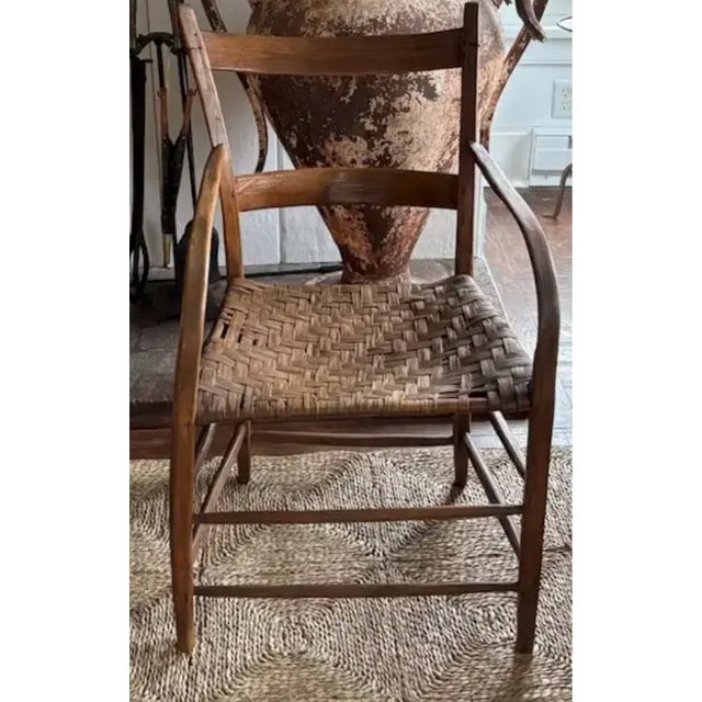 American Antique Primitive Bentwood Arm Ladder Back Chair With Original Woven Splint Seat For Sale - Image 3 of 10