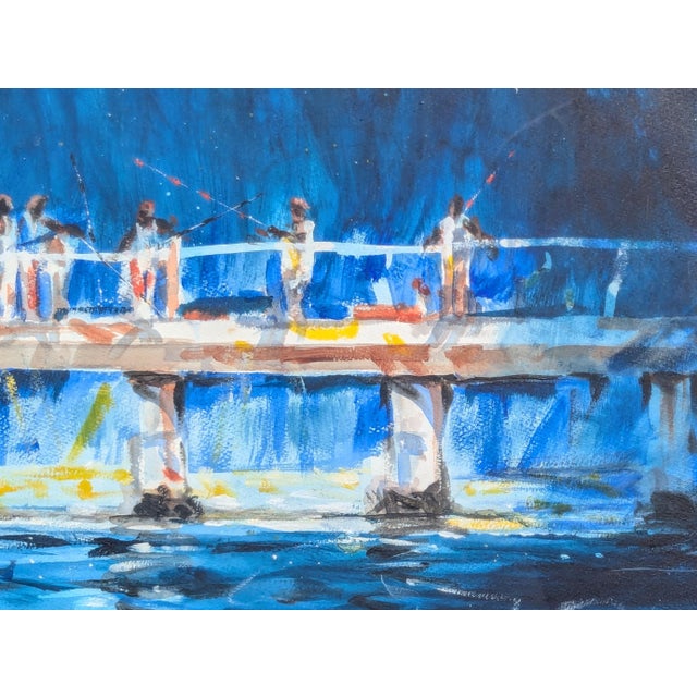 Charles Criner "Starry Night" Watercolor Impressionist Galveston Pier Landscape Painting, 2009 For Sale - Image 10 of 11