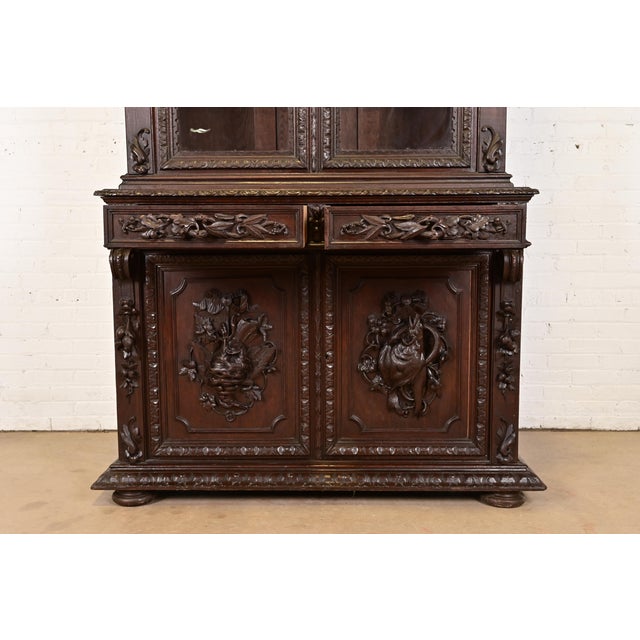 Brown Antique French Renaissance Revival Carved Oak Breakfront Bookcase or Bar Cabinet, Circa 1880s For Sale - Image 8 of 11