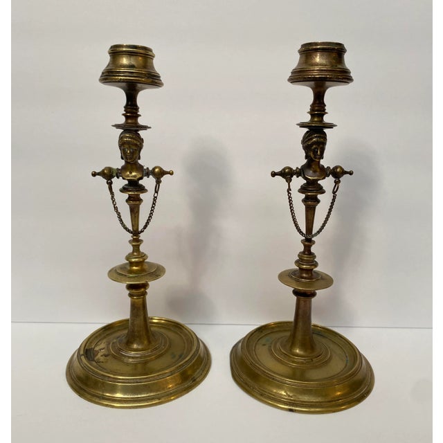 Antique Renaissance Revival Brass Candlesticks - A Pair For Sale - Image 10 of 10