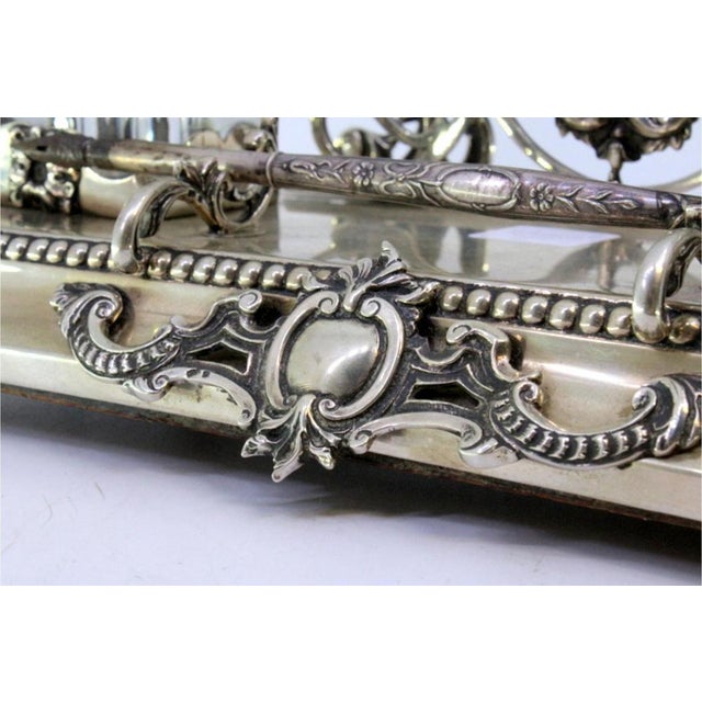 Cut Silver and Glass Inkwell with Letter and Pen Holder, Monogram Cards and Raised Feet For Sale - Image 6 of 7