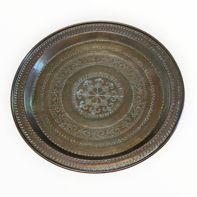 Brass Late 20th Century Large Hammered Brass Wall Platter – Ornate Floral Medallion Wall Decor - 22” For Sale - Image 8 of 10