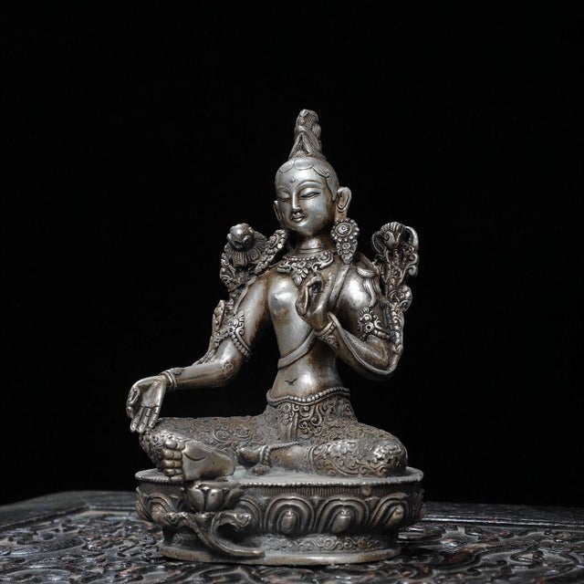 Religious 1910s Gilt Silver Green Tara Statue | 18cm Religious Buddhist Figure for Home Altar For Sale - Image 3 of 9