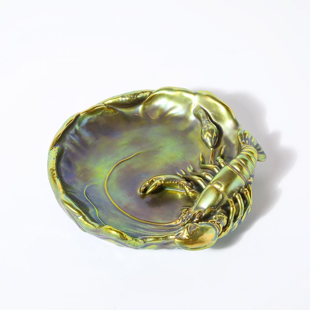 Mid 19th Century Zsolnay Hungary Eosin Iridescent Green Gold Lobster & Snake Hand Painted Dish For Sale - Image 5 of 16