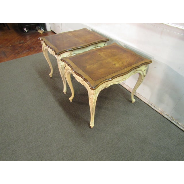 Karges Furniture Karges Walnut Paint Decorated French Style Pair of End Tables For Sale - Image 4 of 10