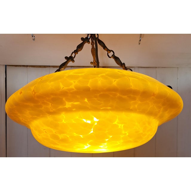 Metal Antique Art Deco German Ceiling Lamp with Glass Bowl and Brass Mount, 1920s For Sale - Image 7 of 8