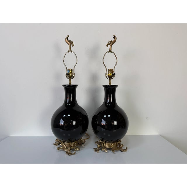 1980s Vintage Chapman Black Glazed Ceramic Table Lamps – A Pair For Sale - Image 10 of 12