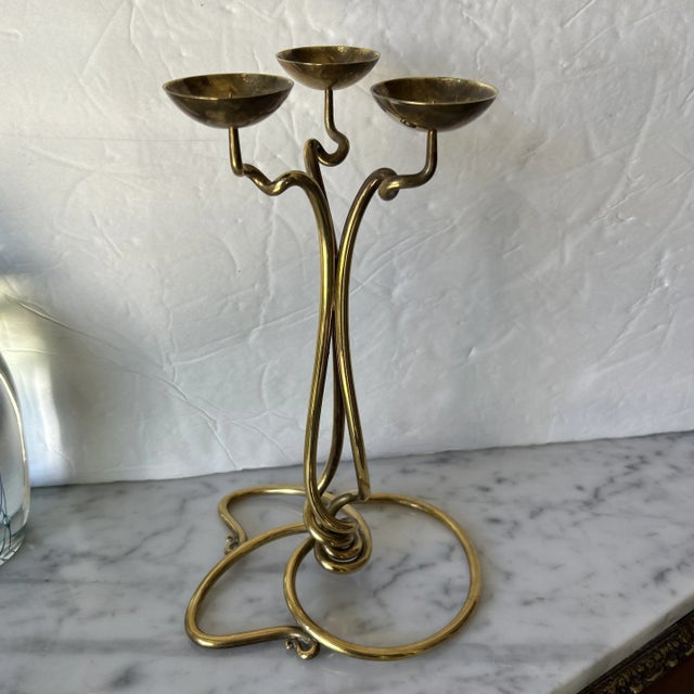 Vintage Joe Spoon Hand Wrought Brass 3 Arm Candle Holder Signed and Dated 1995 For Sale - Image 9 of 12