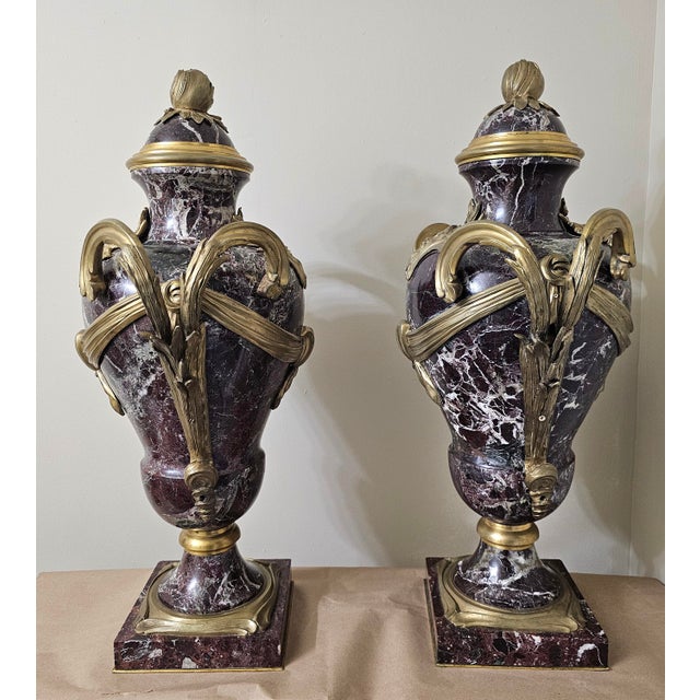 Pair Early 20th C. Louis XVI Style Mottled Lavender Marble and Gilt Bronze Ormolu Covered Urns For Sale - Image 4 of 13