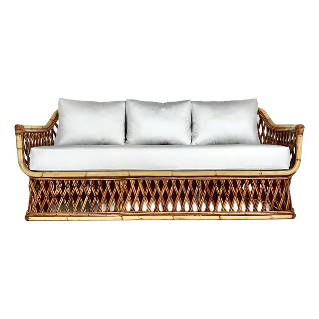 Vintage Woven Pencil Reed Rattan Sofa For Sale