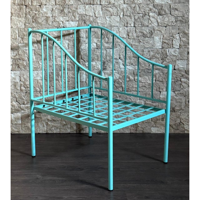Neoclassical Wrought Iron Turquoise Lounge Chair for Outdoor with Grid Seat For Sale - Image 3 of 18