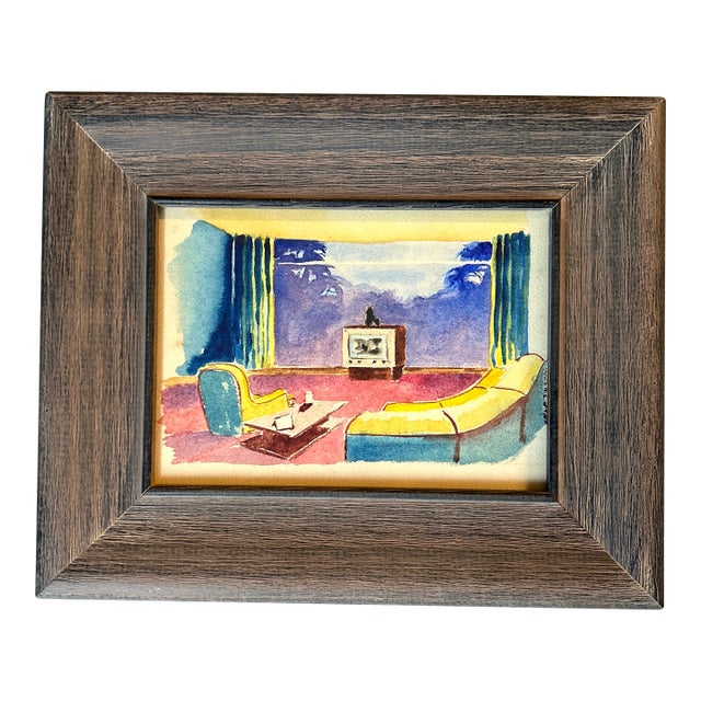 1950’s Original Modernist Colorful Interior Watercolor Painting For Sale