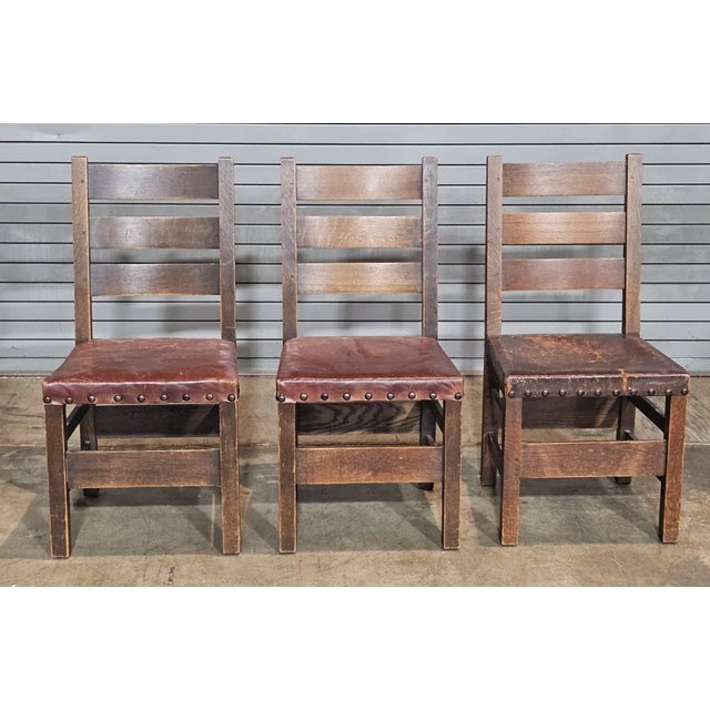 Set of 6 Stickley Arts & Crafts Oak Dining Chairs Leather Seats Early Gustav Stickley For Sale In Cleveland - Image 6 of 13