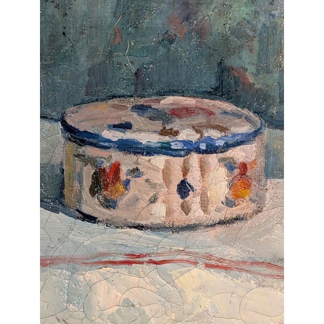 Textile French Normandy School Post-Impressionist Oil on Canvas Still Life Flowers Fruit by Franck Innocent, 1941 For Sale - Image 7 of 13