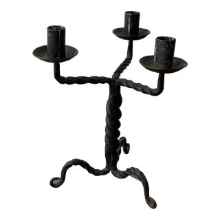 Vintage Wrought Iron Twisted Tripod Candelabra, Circa Early-Mid 20th Century For Sale