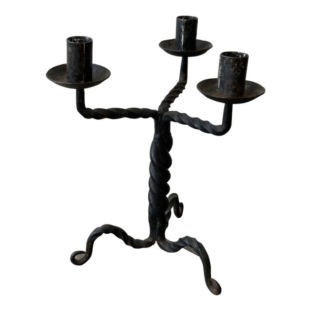 Vintage Wrought Iron Twisted Tripod Candelabra, Circa Early-Mid 20th Century For Sale