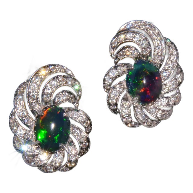 Certified Natural 3.45Cts vs F Diamond Black Opal 18k Solid Gold Cocktail Swirl Earrings - 2 Pieces For Sale