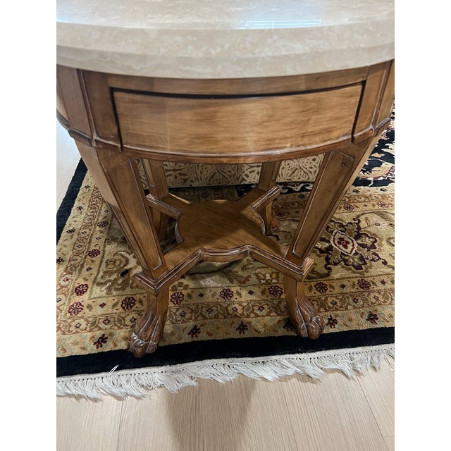 Round Wood and Travertine Top Sussex Side Table/Nightstand Attributed to Kreiss Sussex—Natural Walnut With Neoclassical Paws For Sale - Image 11 of 13