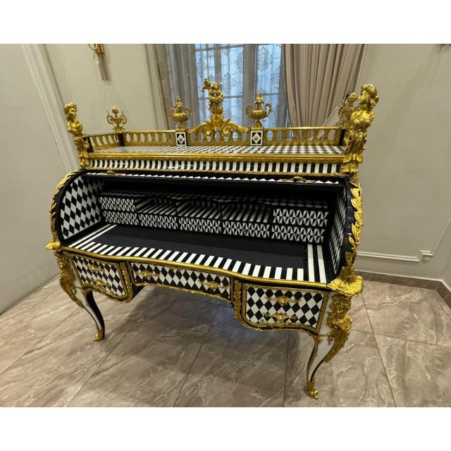 1960s Unique Louis XV Style Harlequin Roll-Top secretary Gilded French Baroque Writing Desk For Sale In Orlando - Image 6 of 9