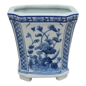 Petite Square Blue and White Porcelain Cachepot