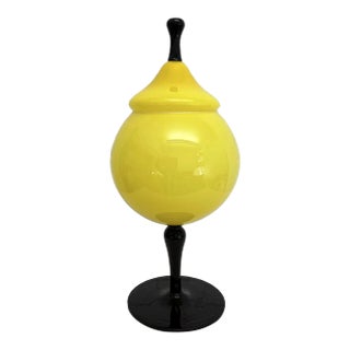 Vintage Venetian Cased Glass Empoli, Yellow With Black Stem Apothecary For Sale