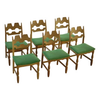Vintage Razorblade Chairs in Oak and Green Mohair by Henning Kjærnulf, 1960s, Set of 6 For Sale
