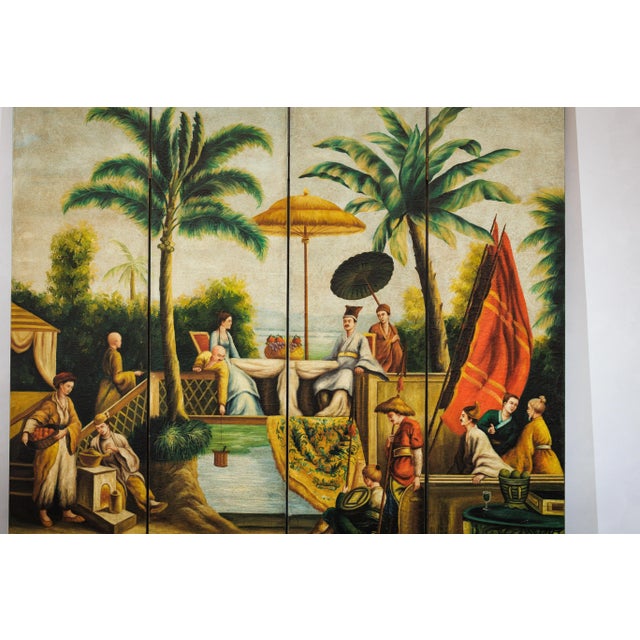 Hand-Painted Four-Panel Chinese Export Screen with Tropical Court Scene For Sale - Image 11 of 12