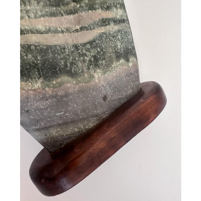 1970s 1970s Green Honed Natural Marble Stone on Wood Stand For Sale - Image 5 of 5