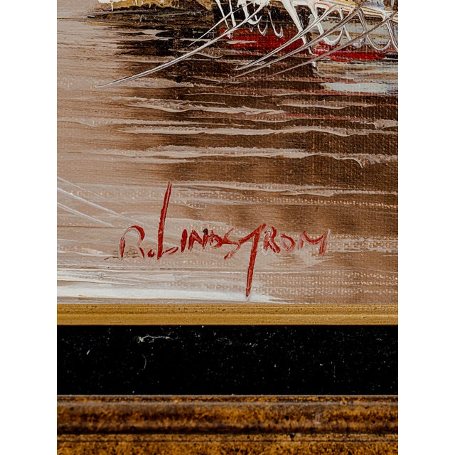 Vintage Oil Painting by Rikard Lindstrom (1882-1943) of Seascape Harbor Scene For Sale - Image 4 of 7