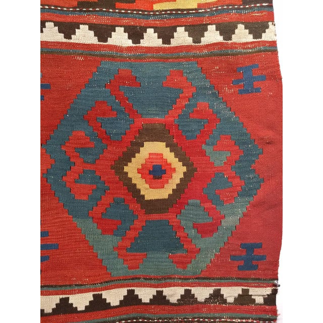 19th Century Caucasian Kazak Kilim, Geometric Pattern, Wool Flatweave, Blue & Green, 7' X 12' For Sale - Image 4 of 18