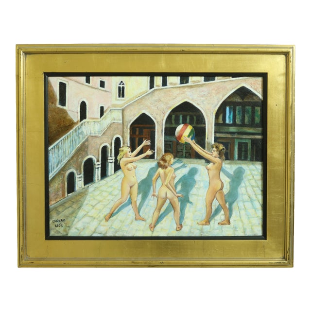 "The Three Graces" Nudes Playing Ball Framed Oil Painting on Canvas For Sale