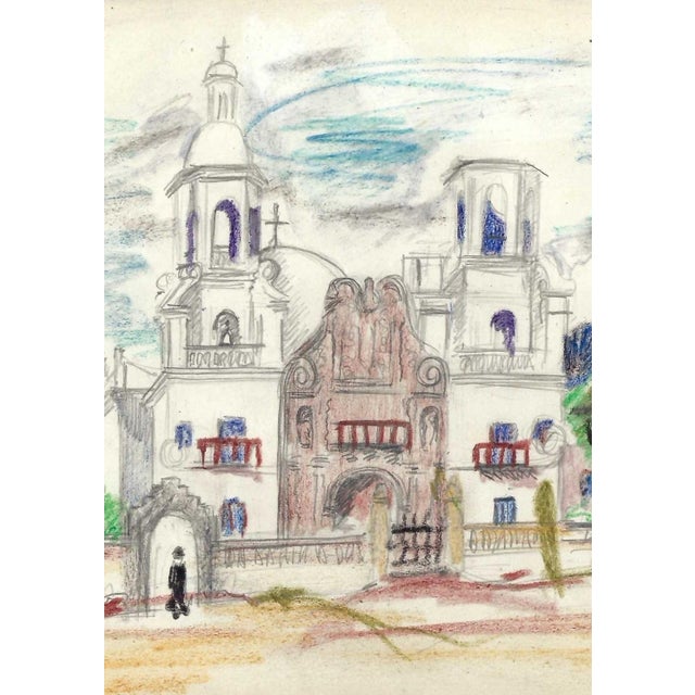 Grace Spongberg (American, 1906-1992) "San Xavier Mission / Tucson Ariz" oil pastel on paper, titled and estate stamp on...