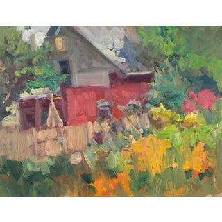 Garden House by Mikael Olson | Oil on board Painting of a house surrounded by a garden. For Sale