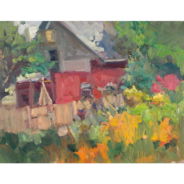Garden House by Mikael Olson | Oil on board Painting of a house surrounded by a garden. For Sale