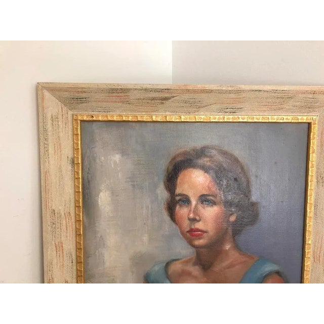 The deb that was, Mid century modern oil portrait of a young woman in a blue dress with blue eyes 23 x 29 tall signed...