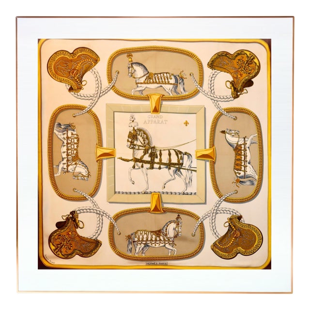 Framed Hermès Silk Scarf "Grand Apparat" by Jacques Eudel 1962 - Orange Gold Frame For Sale