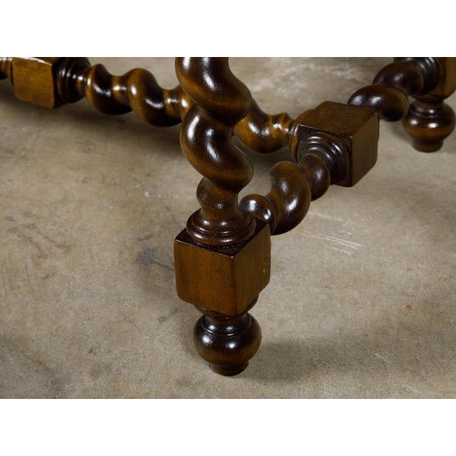 Brown Barley Twist English 19th Oak Stool with Cross Stretcher and Custom Upholstery For Sale - Image 8 of 11