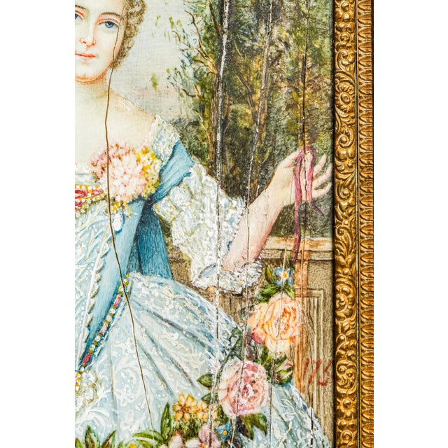 Blue Early 19th Century Charming French Neoclassical Antique Portrait Miniature Painting Woman Blue Dress Luxury Home Decor For Sale - Image 8 of 16