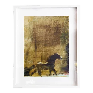 "Sphere. X" Contemporary Original Abstract Gold Stallion Mixed-Media Painting on Parchment, Framed