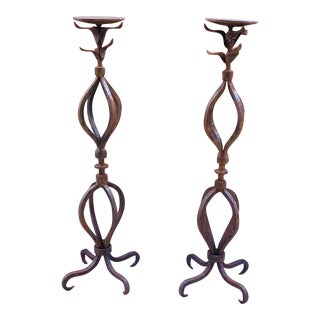 Pair of Antique Hand Forged Rusted Wrought Iron Standing Candle Stands For Sale