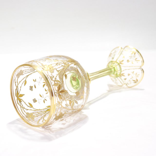 1900 Set of 6 Gilt German or Bohemian Art Nouveau Clear & Green Glass Wine Goblets For Sale - Image 16 of 18