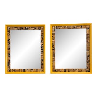 Vintage Boho Chic Tortoise Shell Bamboo & Mustard Yellow Wall Mirrors, a Pair For Sale