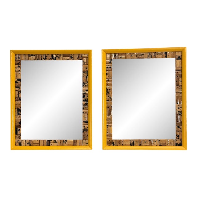 Vintage Boho Chic Tortoise Shell Bamboo & Mustard Yellow Wall Mirrors, a Pair For Sale