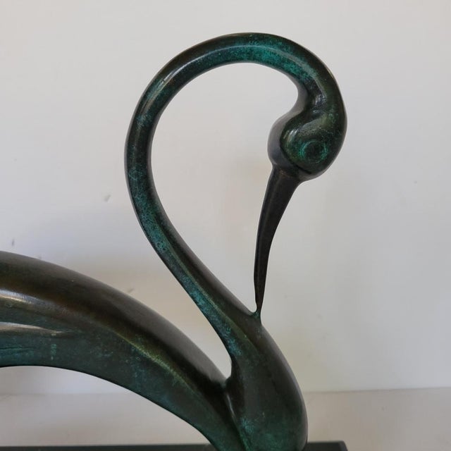 1980s Contemporary Italian Bronze Swan Sculpture on Black Marble Base in Art Deco Revival Style For Sale - Image 5 of 9